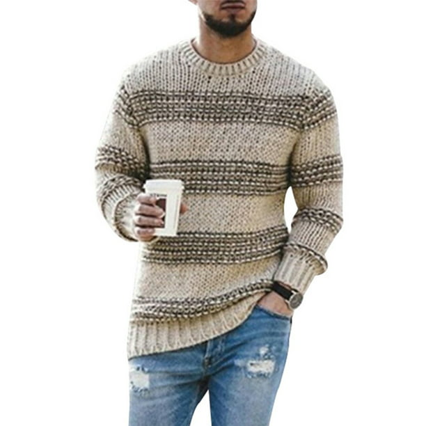 SELX Men Crewneck Slim Striped Knitted Casual Pullover Sweaters 